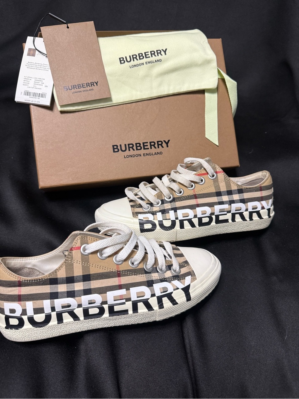 Burberry Larkhall Vintage Check Beige Canvas Logo Low Top Sneakers 37.5 7.5